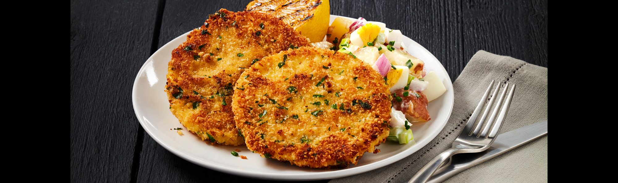 Egg Schnitzel w/ Potato Salad + Grilled Lemon